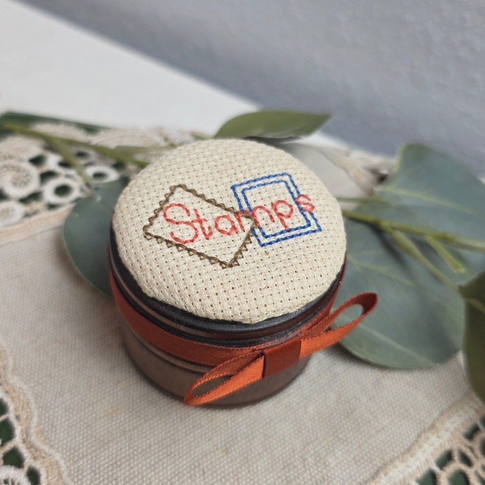 Vintage Wooden Stamp Box Cross Stitched Lid Round‎ Dark Wood Desk Organizer